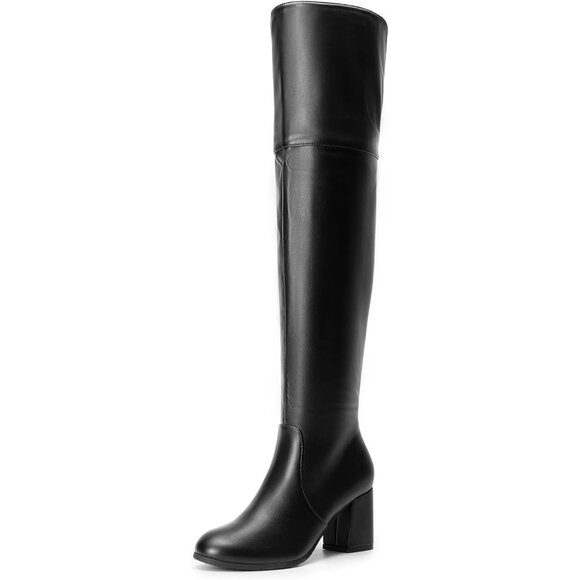 Women's Black-pu Faux Suede Thigh High Block Heel Over The Knee Pointed Toe Boot - Picture 1 of 5